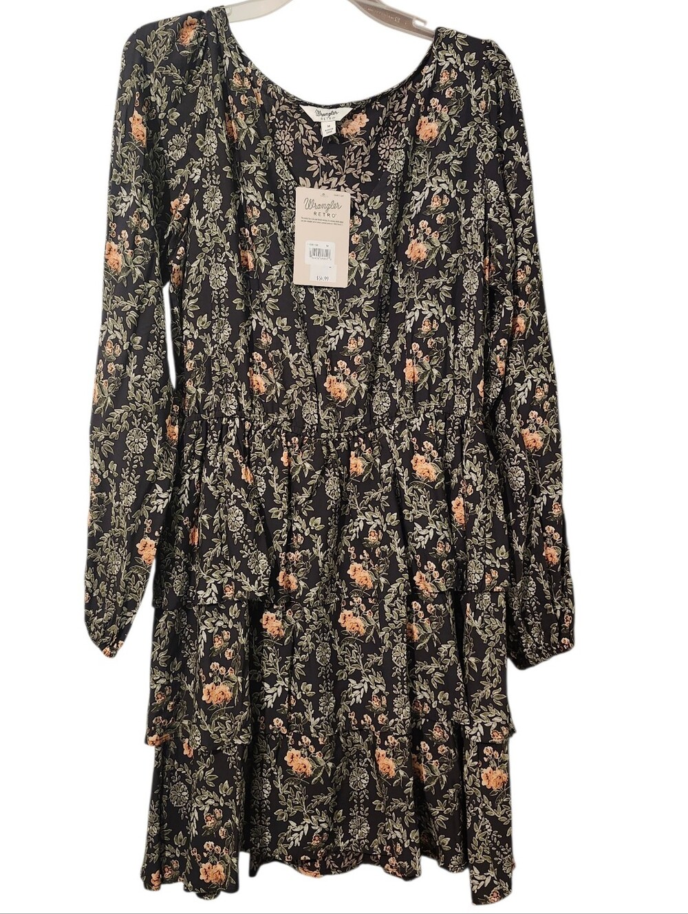 Wrangler Black Dress with Peach and Olive Floral Print - M Boho Cottagecore